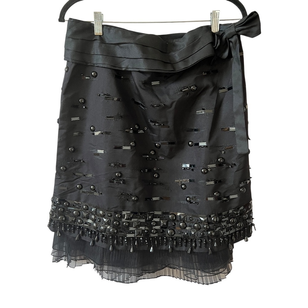 Per Se Black Embellished A-Line Skirt with Bow Waist